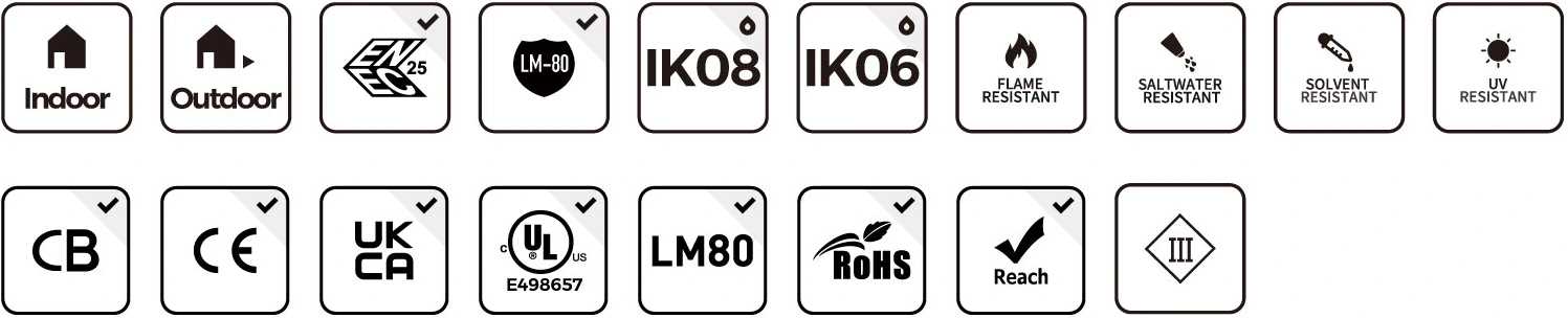 Certification symbols shown in the supplied product design