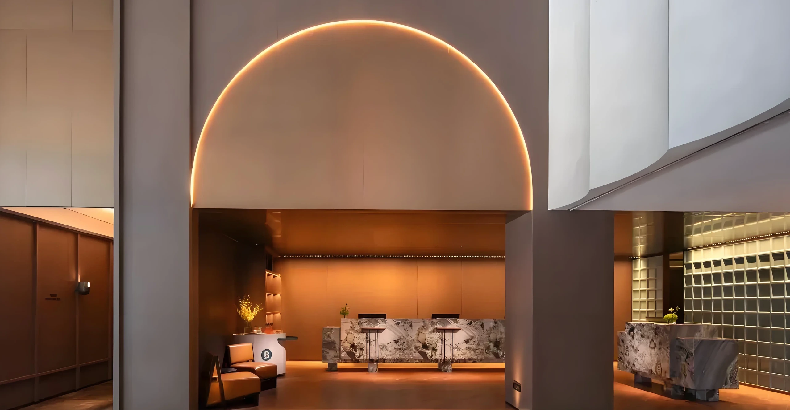 A warmly illuminated contemporary reception space